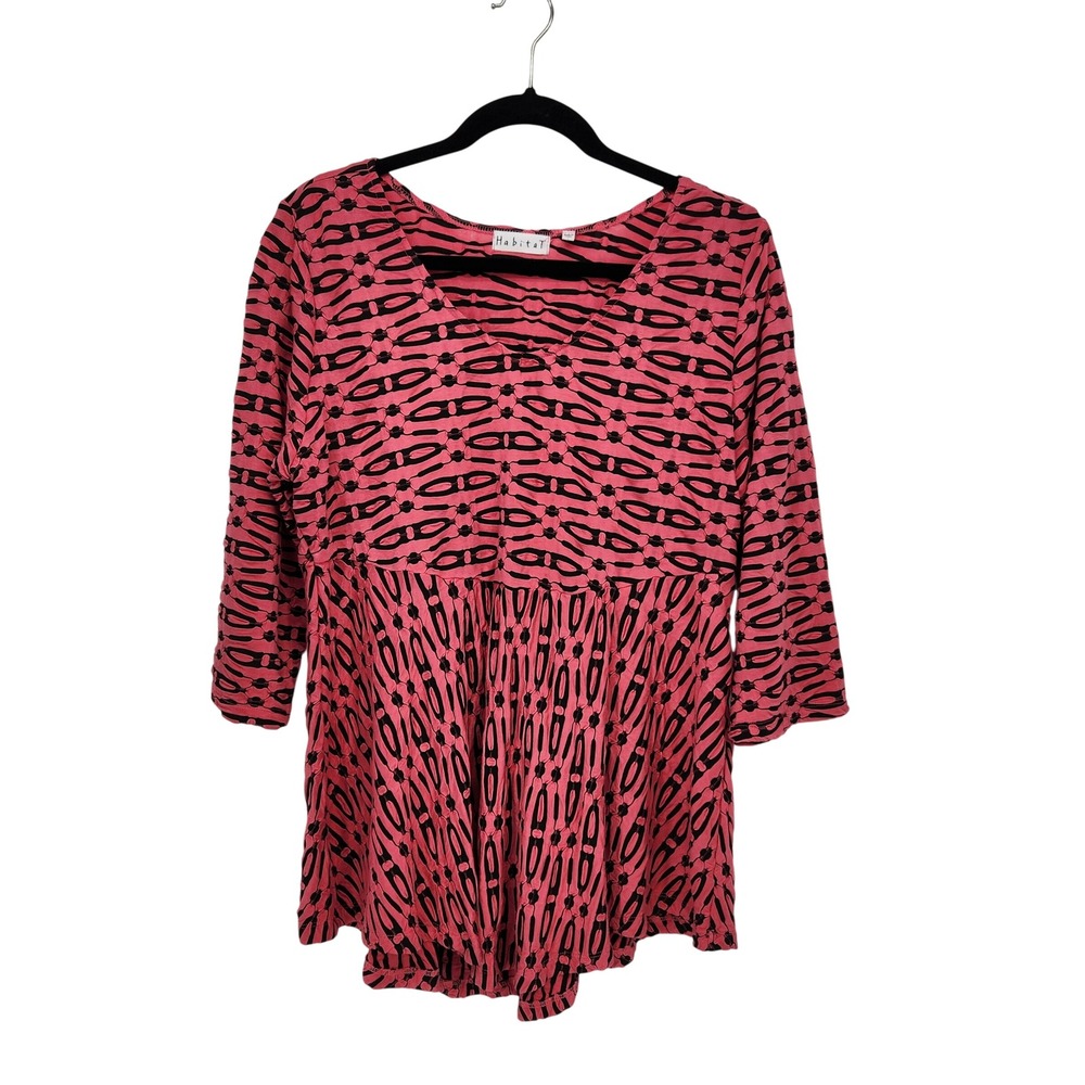 Habitat Women's Coral Black Pleated Patterned Peplum Blouse Lagenlook L